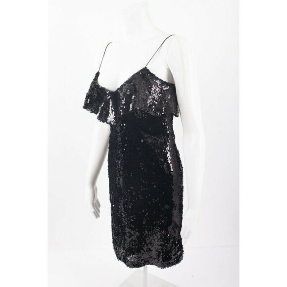 Zara Womens Sequin Mini Dress S Black Ruffle - Picture 4 of 6